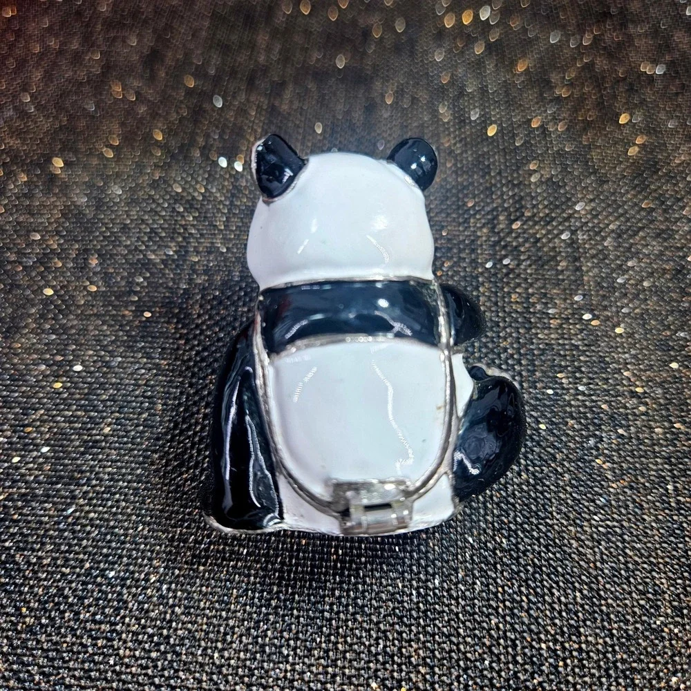 Panda Bear Hinged Trinket Box Enamel Rhinestone‎ Crystal Bejeweled Black White